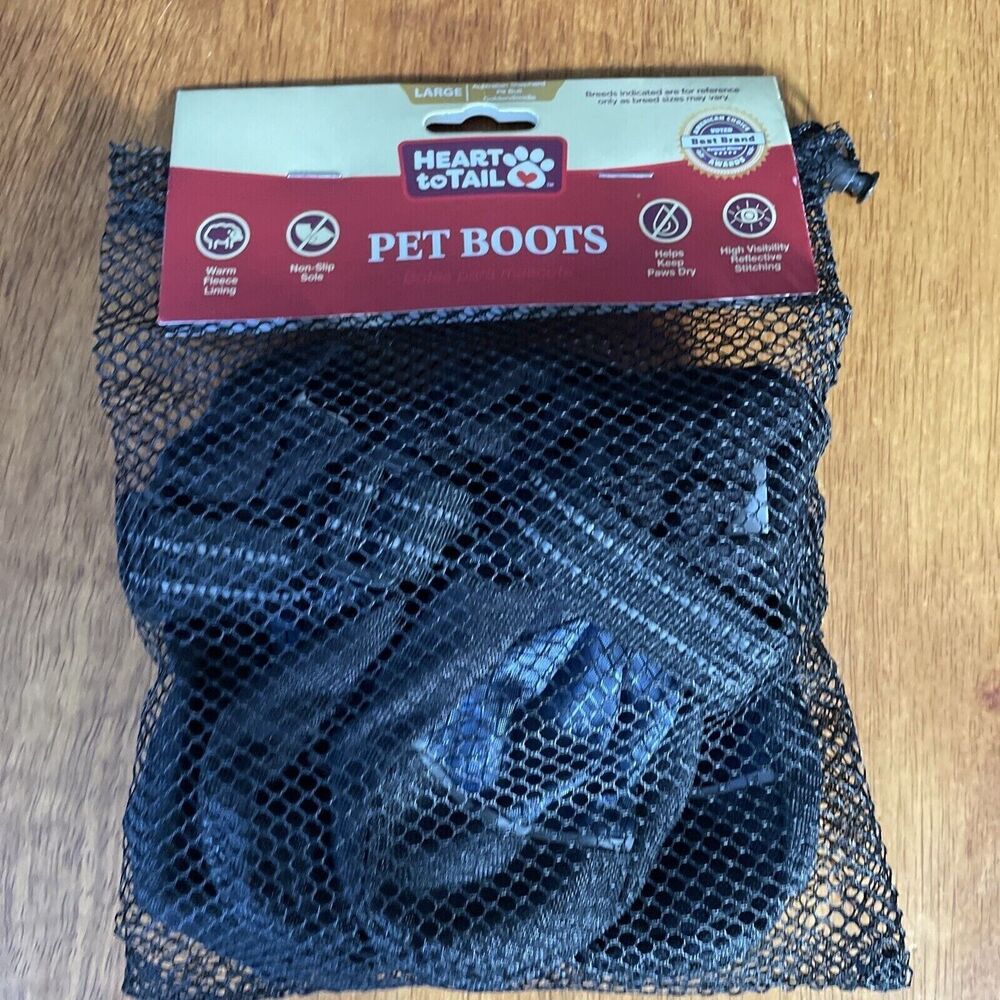 Heart to Tail Pet Boots Black Nonslip Fleece Lined LARGE Dog Boots NEW!